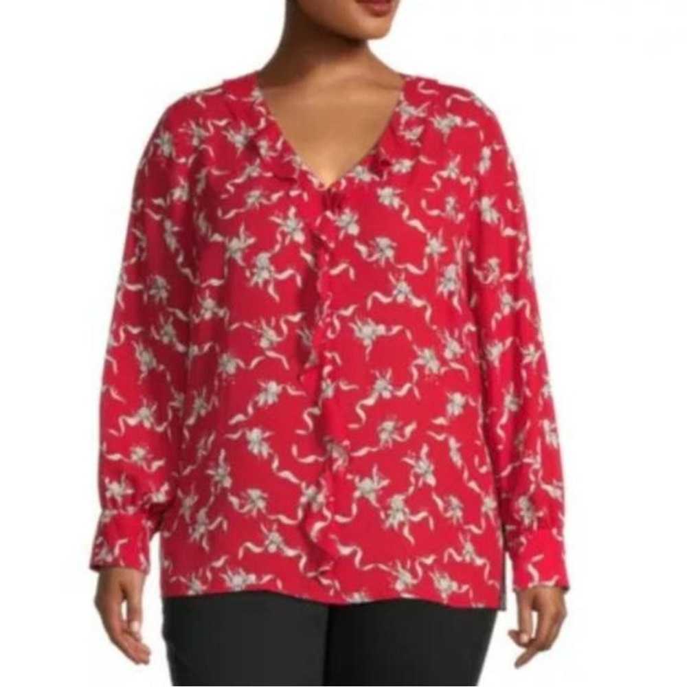 Liz Claiborne Blouse Sz3XL Red Floral Ruffle Detail Puff Sleeves w Button Detail